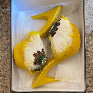 Apple Bottoms Yellow Heels with Feather Detail